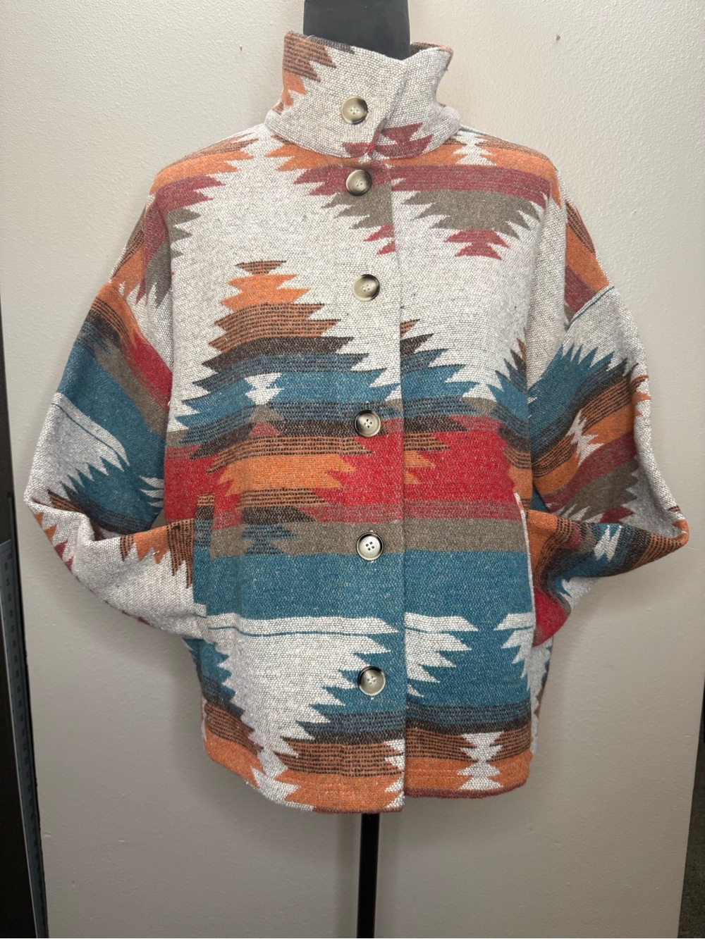 Shop Stevie Aztec Button-Up Cape Jacket - Teal, Rust, Cream